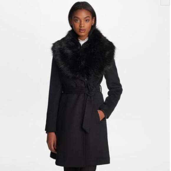 Club Monaco black  wool fur wraps around coat - Picture 4 of 15